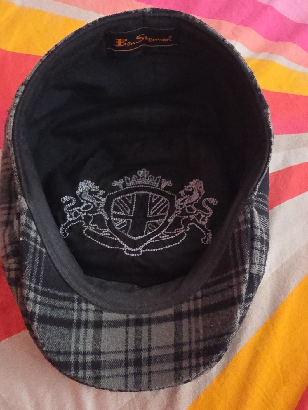 Ben Sherman Black & Gray Plaid Newsboy Cap with Embroidered Crest